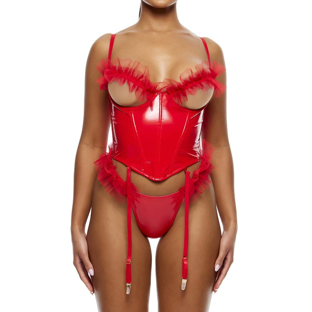 1836 Show And Tulle Vinyl And Mesh Tulle Trim Bustier Lingerie Set - Red